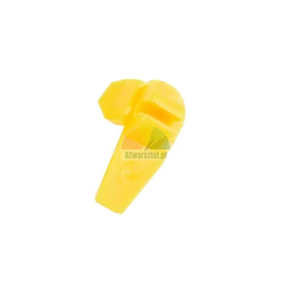 Small yellow plastic mounting clip for blinds or shutters on a white background.