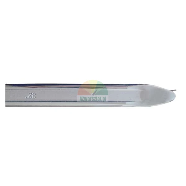 Tip of a 32 inch metal tire lever or pry bar on white background.