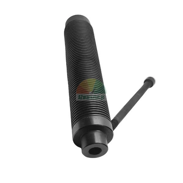 Black cylindrical metal component with external threading and a transverse rod.