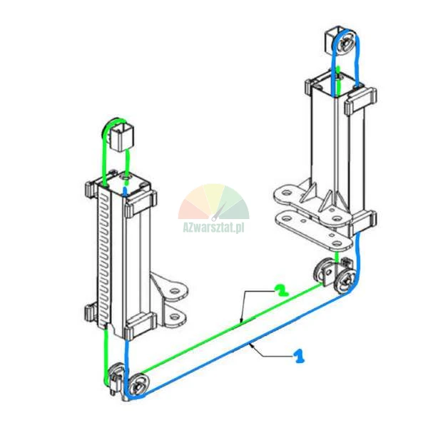 Technical diagram of a two-post lift cable system showing blue path (1) and green path (2) through pulleys.