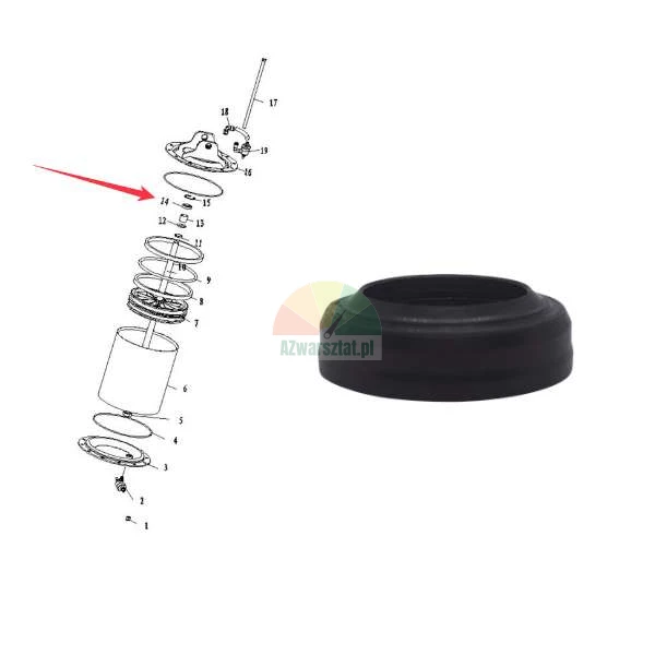 Black rubber dust seal for piston rod shown next to a technical assembly diagram with a red arrow.