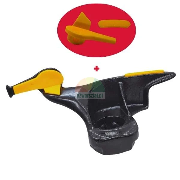 Tire changer duck head tool with yellow plastic rim protection inserts.