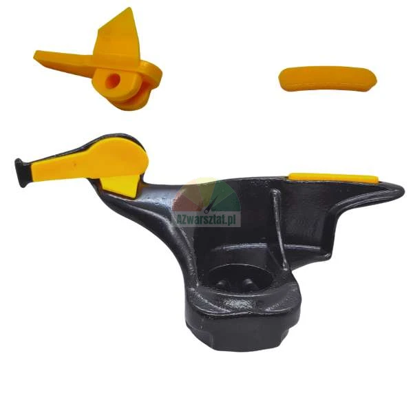Black metal tire changer mount demount head with yellow plastic protective inserts.