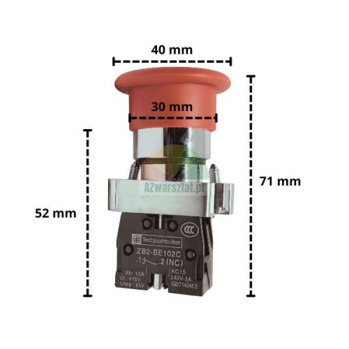 Red metal mushroom push button 1NC with dimensions