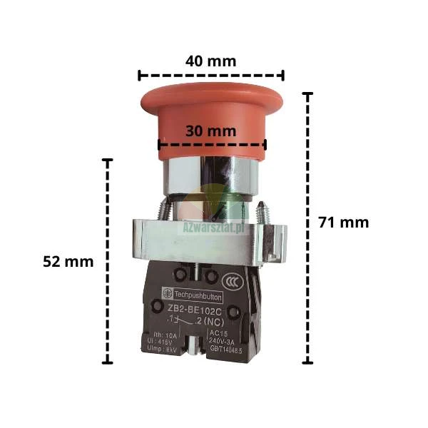 Red metal mushroom push button 1NC with dimensions