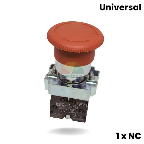 Red metal emergency stop mushroom push button, 1NC, turn to release.