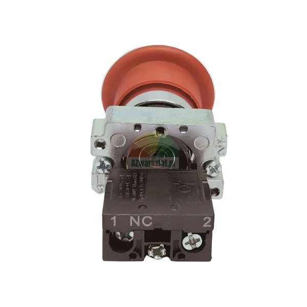 Emergency stop button with red mushroom head and NC contact block.