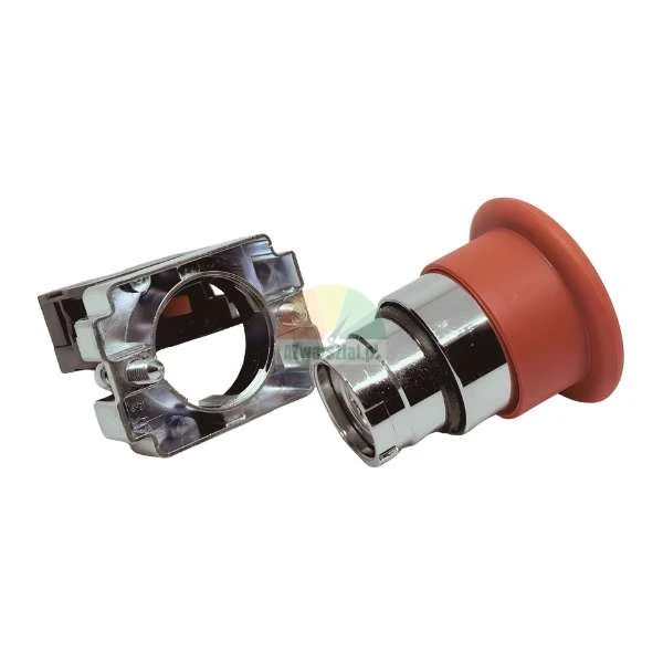 Red mushroom-headed emergency stop button with chrome mounting base