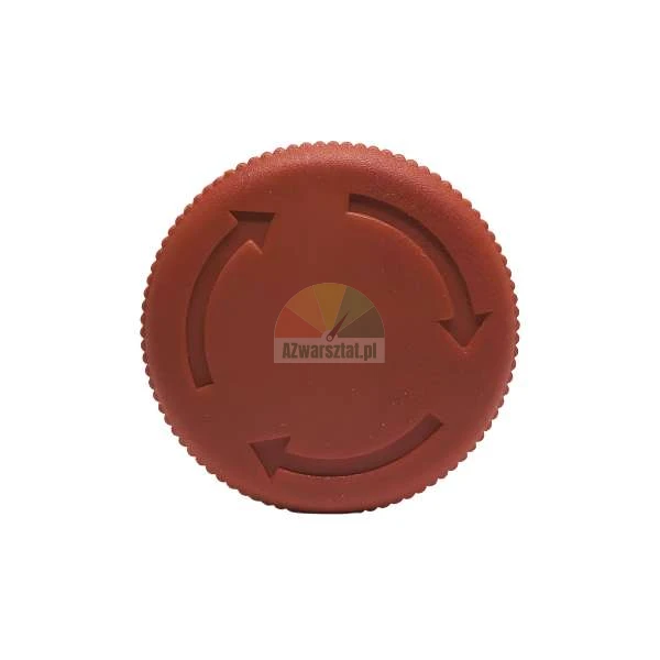 Red emergency stop button with embossed directional arrows.