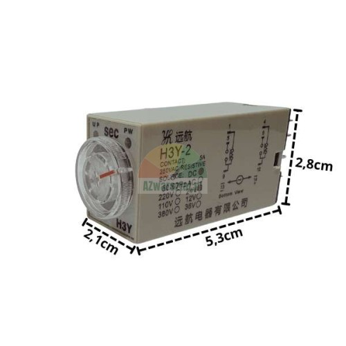 Time delay relay H3Y-2 DC 24V 5s 8-pin with dimensions 2.1x5.3x2.8 cm.