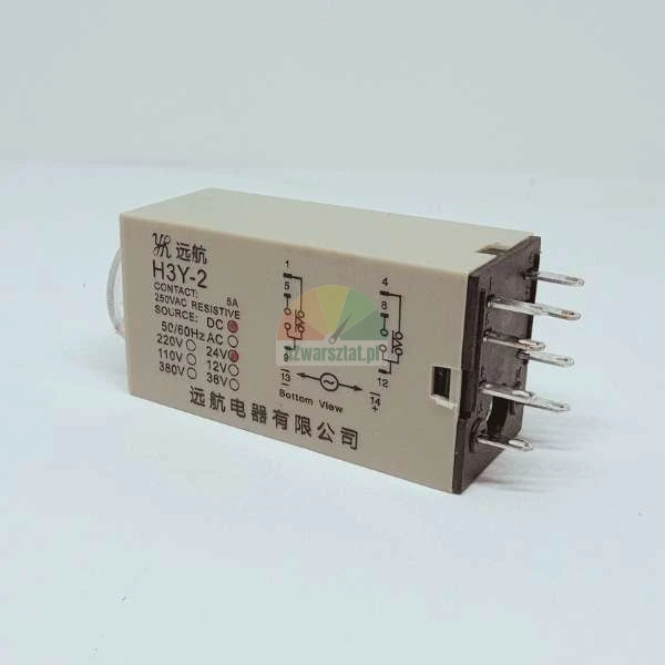 Time delay relay H3Y-2 24V DC showing wiring diagram and metal pins on the side.
