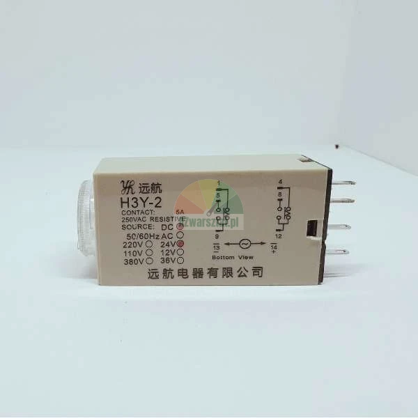 H3Y-2 timer relay showing technical specifications and wiring diagram on its beige casing.