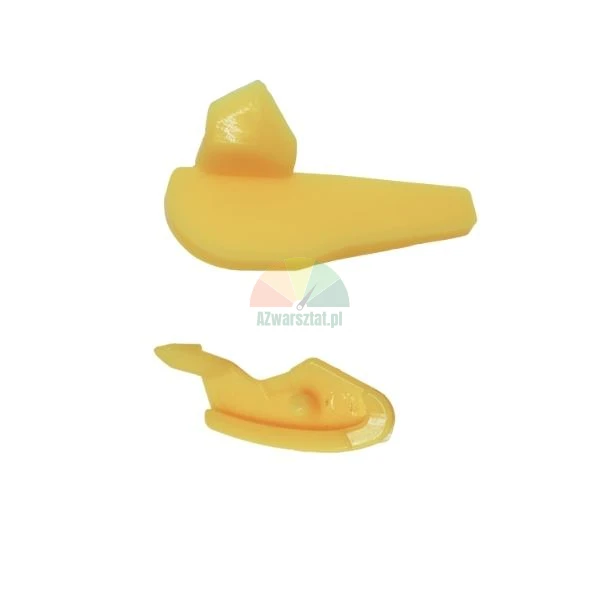 Two small yellow plastic components with irregular shapes on a white background.