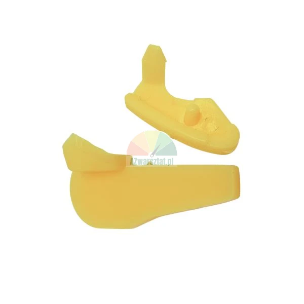 Two yellow plastic car fastener clips on a white background