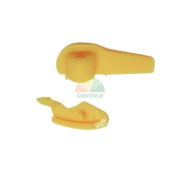 Two small yellow plastic components, likely spare parts or clips, shown from two different angles on a white background.