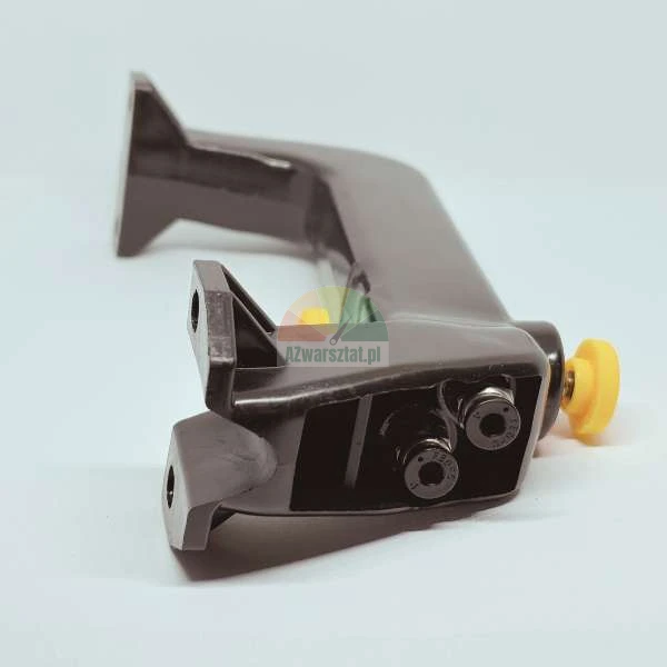 Black industrial pneumatic handle with yellow components and mounting brackets on a light background.