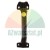 Black metal machine bracket with four mounting holes and a yellow marker.