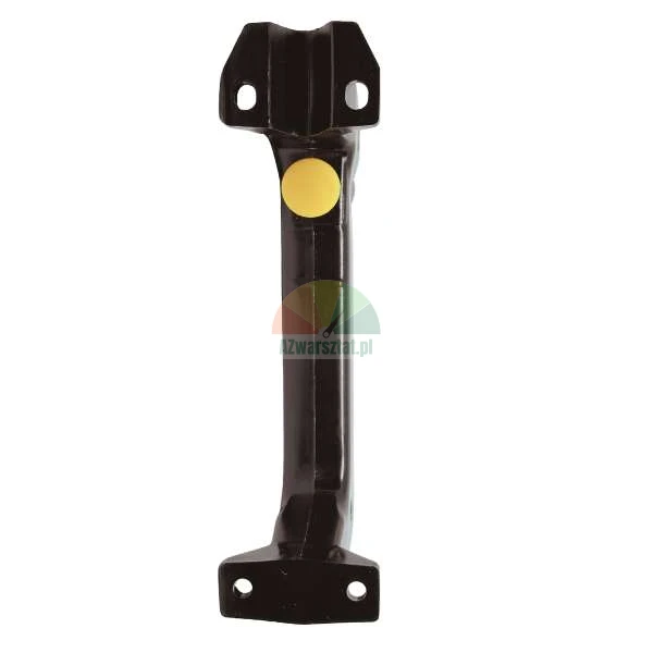 Black metal machine bracket with four mounting holes and a yellow marker.