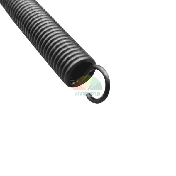 Black metal tension spring with a hook on a white background