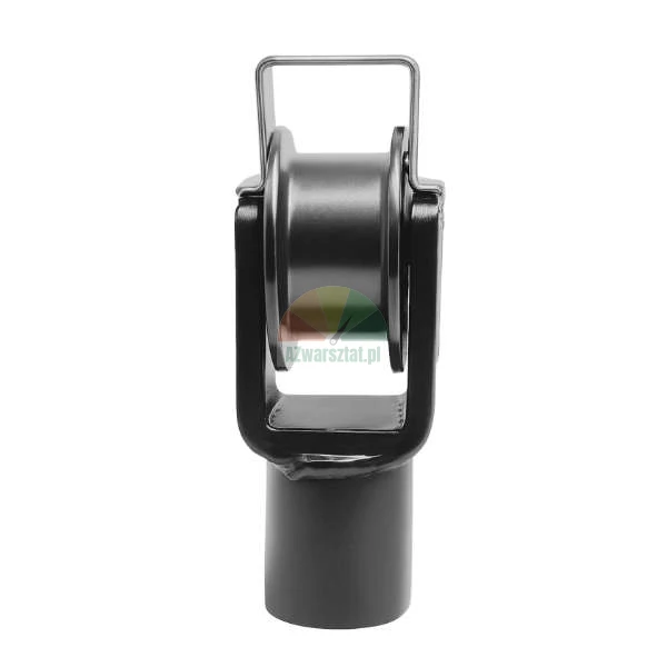 Black metal guide roller for cables and ropes with a cylindrical mount.