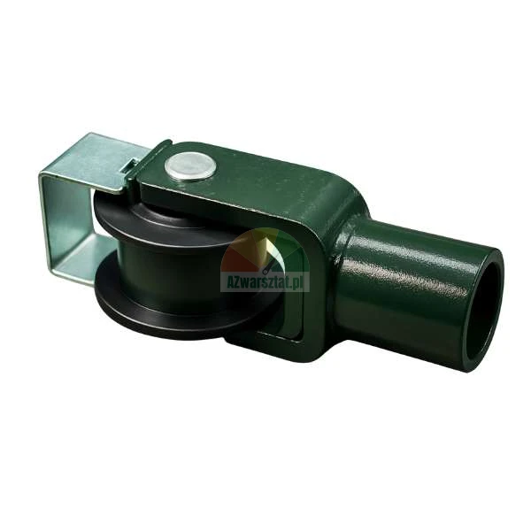 Green metal roller assembly with a black pulley wheel and a silver bracket on a white background.