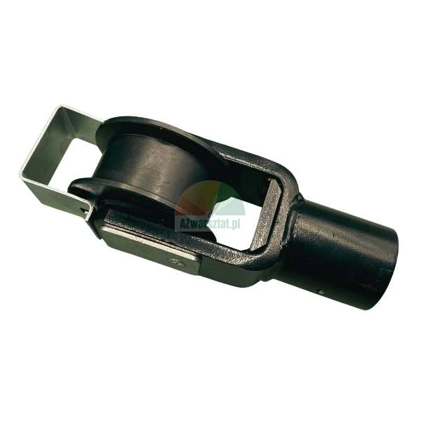 Black industrial pulley roller assembly with metal bracket on a white background