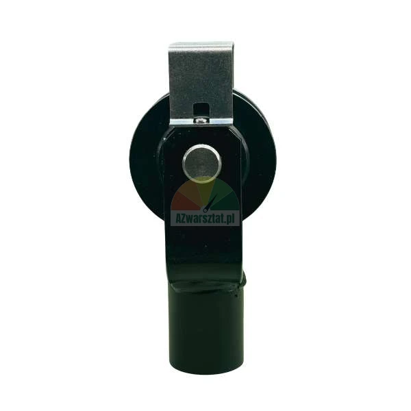 Black cable pulley with metal bracket and silver clip on a white background.