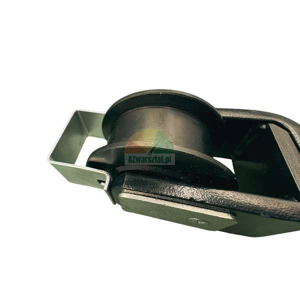 Close-up of a black guide roller in a metal housing against a white background.