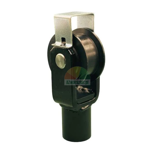 Black industrial pulley with a silver metal bracket and cylindrical base.