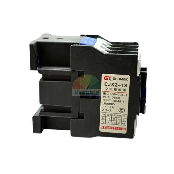 Industrial AC contactor CJX2-18 SHRMGK, side view with technical specifications label.