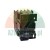 Rear view of a black industrial electrical contactor with a blue DIN rail mounting clip.