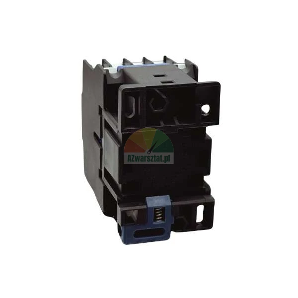 Rear view of a black industrial electrical contactor with a blue DIN rail mounting clip.