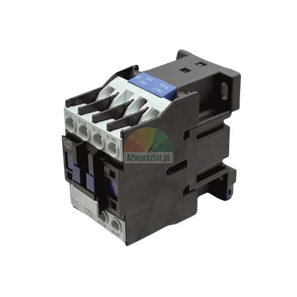 Industrial electrical contactor with black and grey housing and blue terminal labels