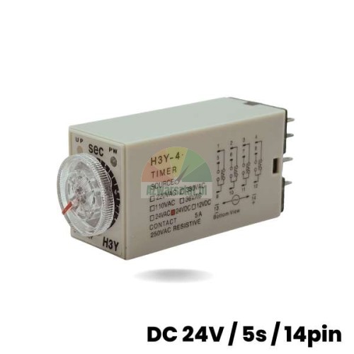 H3Y-4 time relay DC 24V 5s 14-pin with transparent adjustment knob and visible wiring diagram