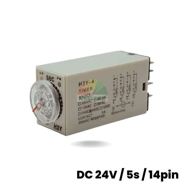 H3Y-4 time relay DC 24V 5s 14-pin with transparent adjustment knob and visible wiring diagram