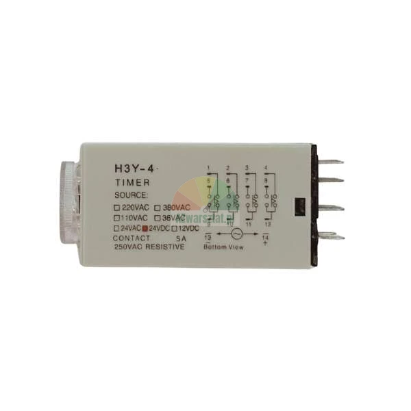 H3Y-4 timer relay showing the wiring diagram and technical specifications on the side of the housing.