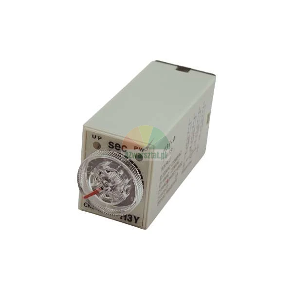 Industrial time relay H3Y-4 with adjustment dial and status LEDs on a white background.