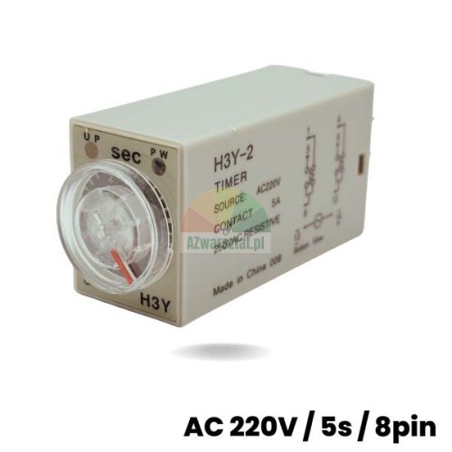 H3Y-2 timer relay AC 220V with a 5-second range, 8-pin, featuring an adjustment dial and wiring diagram on the casing.