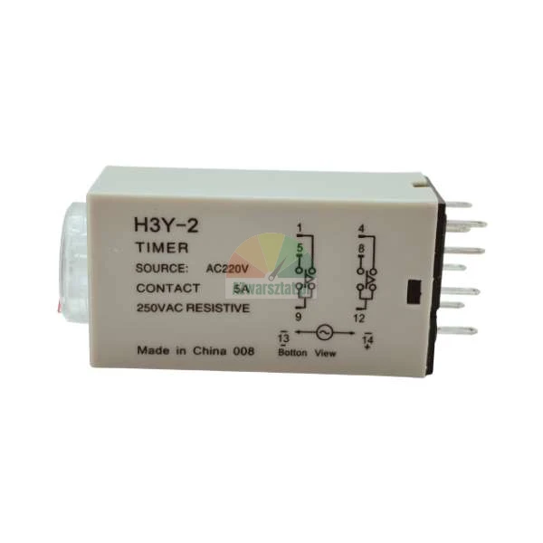H3Y-2 timer relay 220V AC, 5A, side view with technical specifications and wiring diagram.