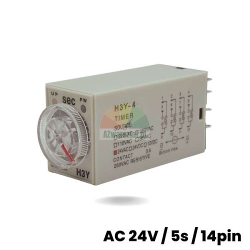 H3Y-4 time relay AC 24V, 5 seconds range, 14 pins, view showing housing with wiring diagram and adjustment dial.