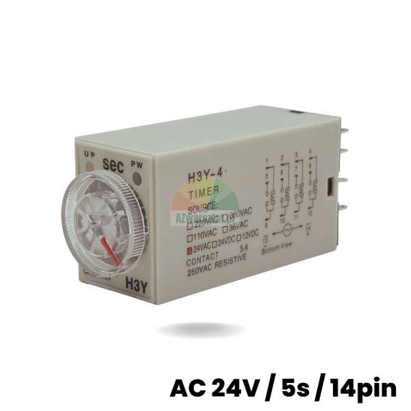 H3Y-4 time relay AC 24V, 5 seconds range, 14 pins, view showing housing with wiring diagram and adjustment dial.