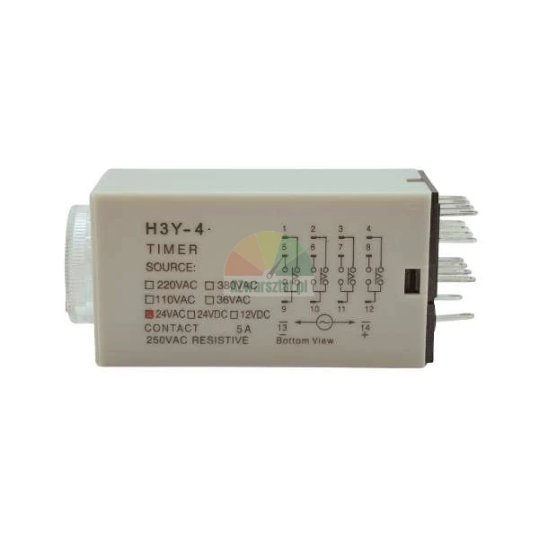H3Y-4 timer relay, 24V AC power source, 5A 250VAC contact rating, wiring diagram on the housing.