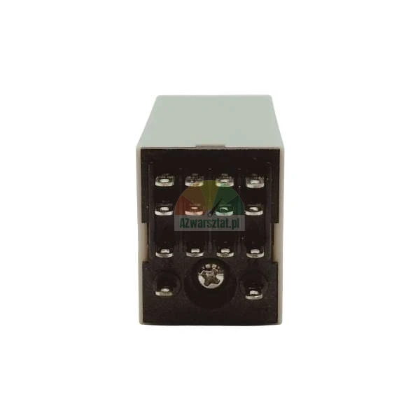 Front view of a relay socket with visible metal terminals and a mounting screw on a light background.