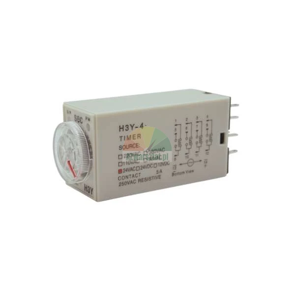H3Y-4 time delay relay with time adjustment dial and 24VAC power supply source showing wiring diagram on the housing