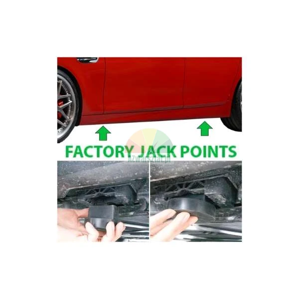 Red car showing factory jack points with green arrows and hands installing rubber jack pads on the undercarriage.