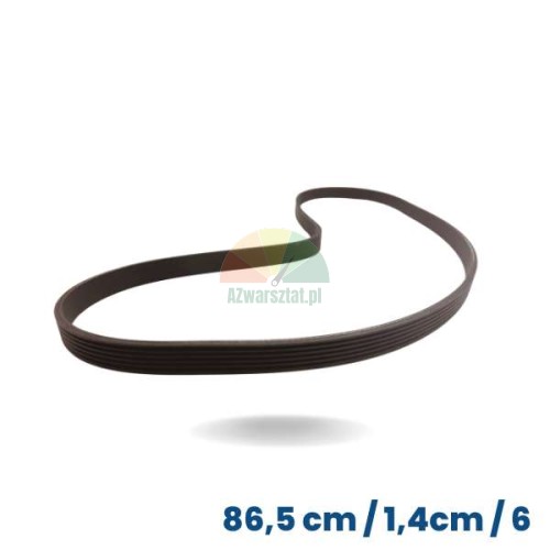 Black wheel balancer drive belt, 86.5 cm long and 1.4 cm wide, with 6 ribs and 5 grooves.