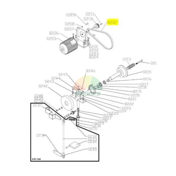Technical explosion diagram of a tire balancer drive system with part 0212 drive belt highlighted in yellow.