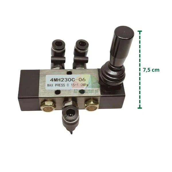Pneumatic hand lever valve model 4MH230C-06 with fittings and a 7.5 cm height indicator.