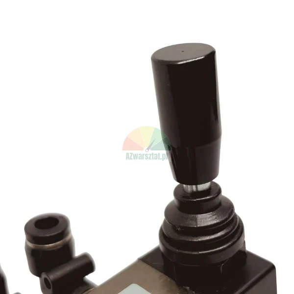 Black joystick handle of a pneumatic valve on a white background