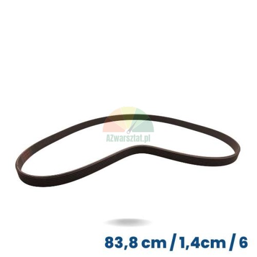 Black wheel balancer drive belt, 83.8 cm long and 1.4 cm wide with 6 ribs and 5 grooves.